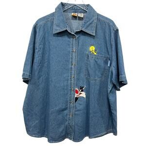 Looney Tunes Women Plus Size 22W / 24W Denim Shirt Tweety Sylvester Short Sleeve